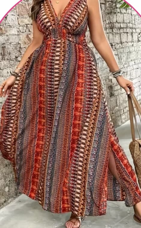 Model wearing a red and grey striped boho maxi dress