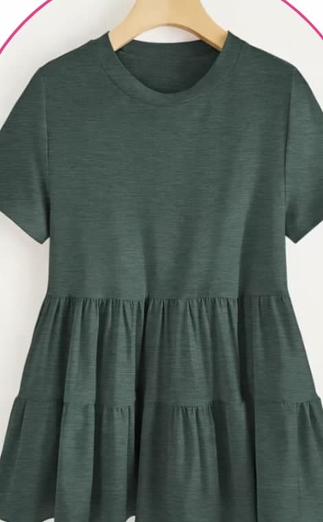 Dark green tiered babydoll dress on a hanger