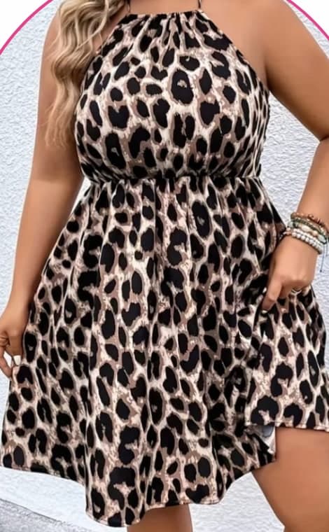 Model wearing a leopard-print halter dress
