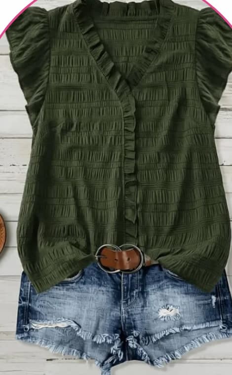 Olive green sleeveless ruffle-trim blouse on a hanger