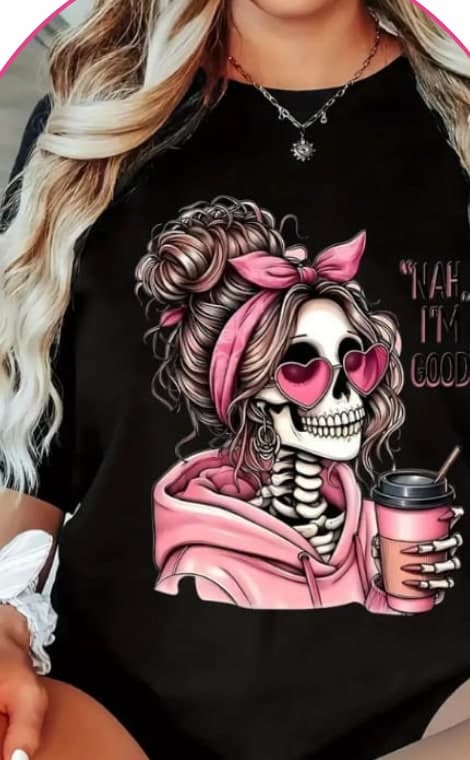 Model wearing a black oversized tee with a skeleton graphic print