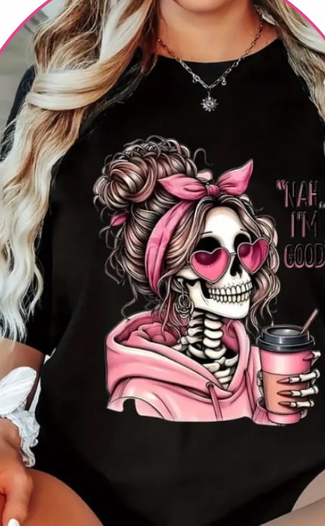 Model wearing a black oversized tee with a skeleton graphic print