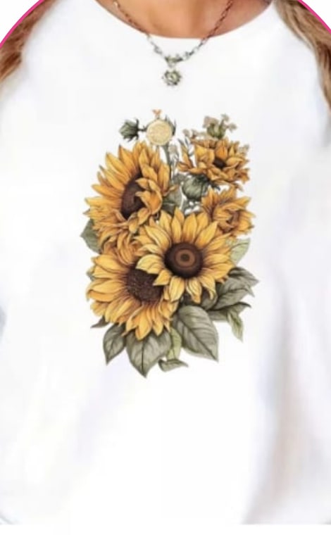 Model wearing a white tee with a sunflower bouquet graphic